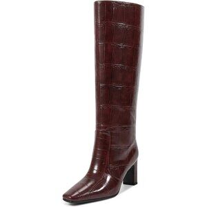 ⚡Women's Burgundy Faux Leather Regular Calf Friendly Square Toe Mid Heel